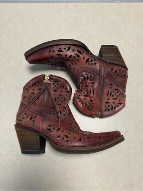 Corral Boots Womens Size 7.5 Distressed Red Laser Cutout Leather Ankle Boots